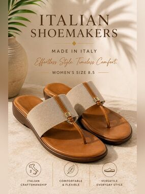Italian Shoemakers Tan & Beige Stretch Thong Sandals Gold Accent Size 8.5
